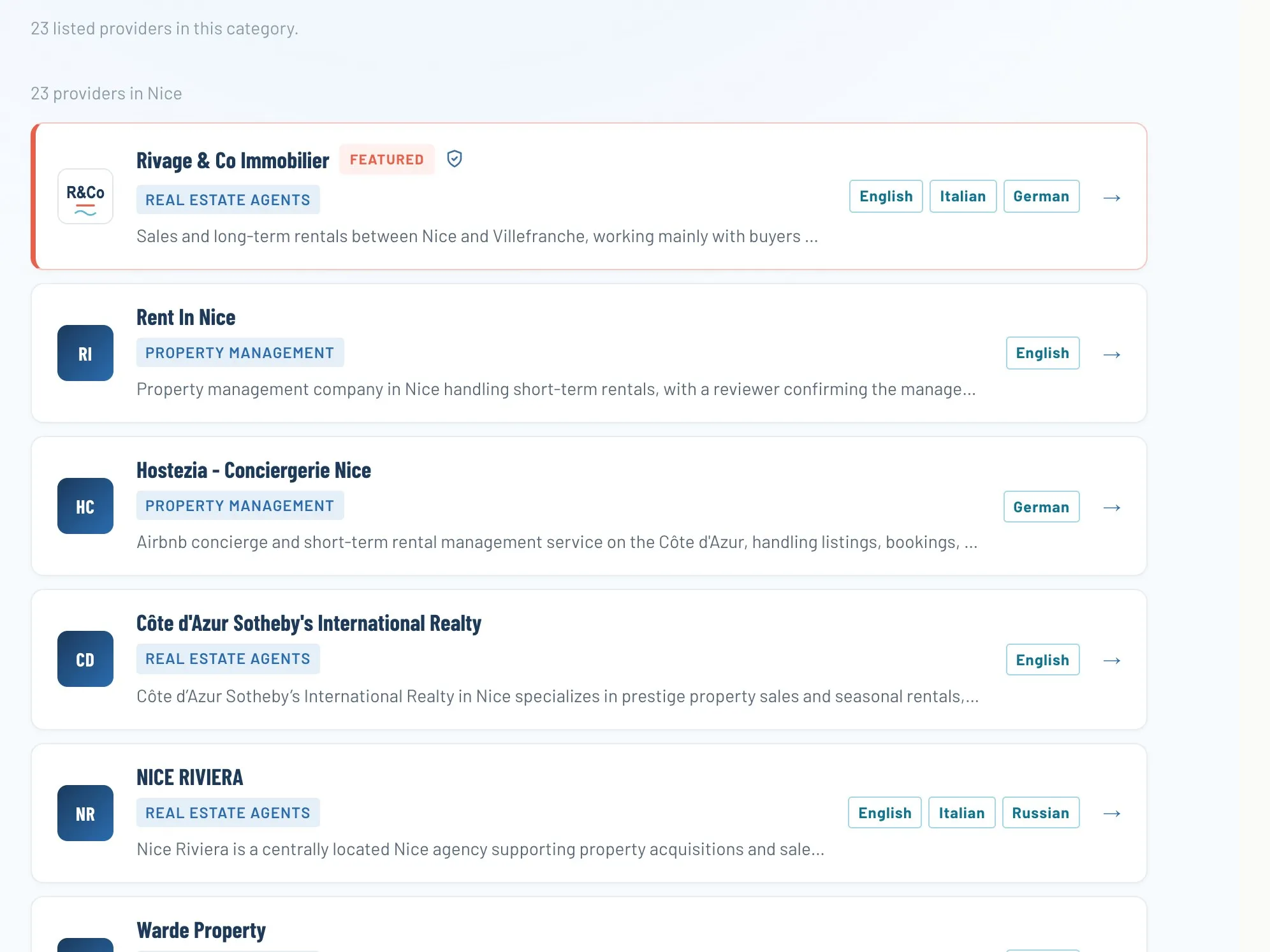 A category listing page with a Featured business at the top of the list, marked with a coral edge