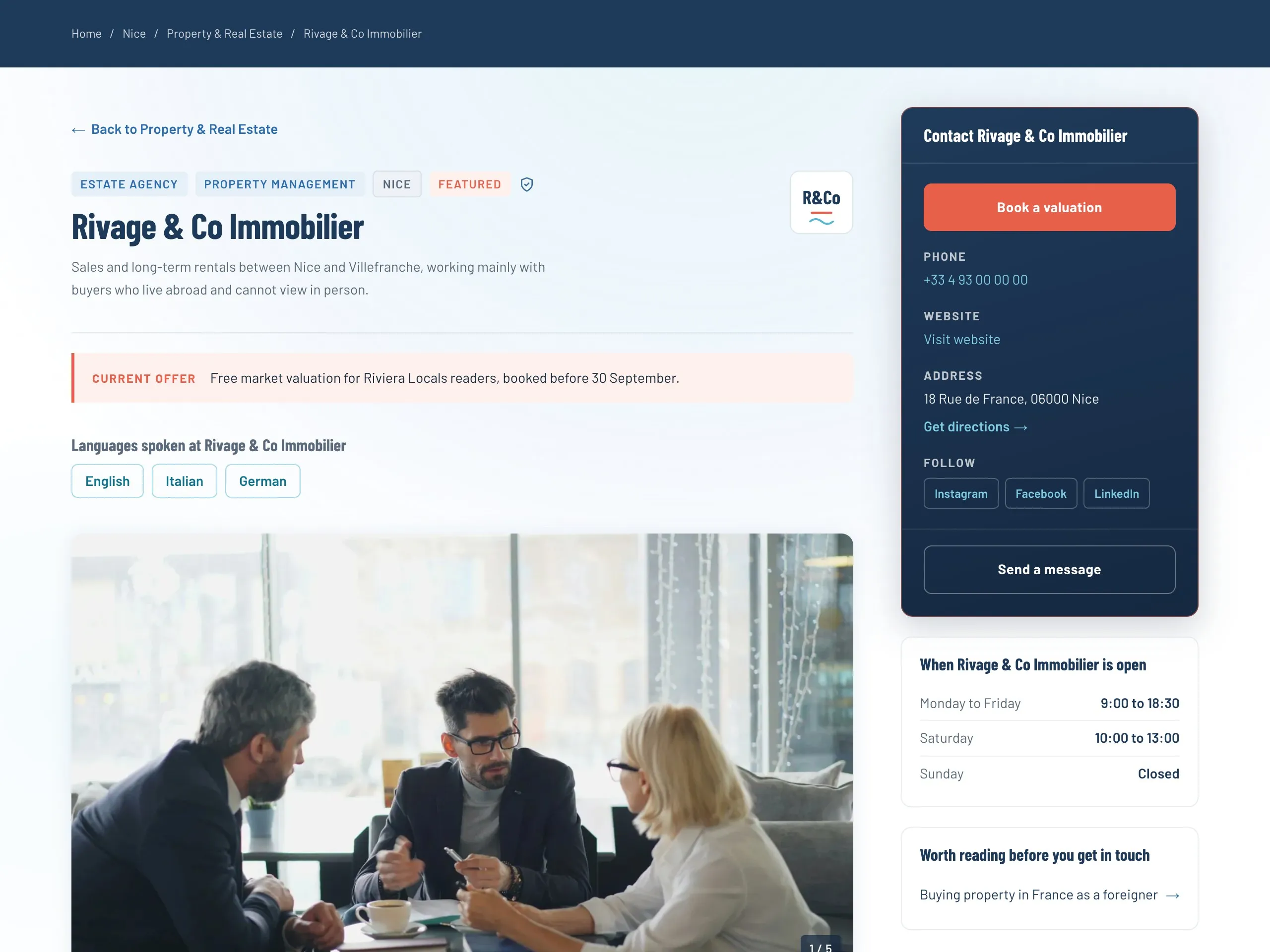 A Featured profile page showing a photo gallery, a logo, an offer line and a dark contact card