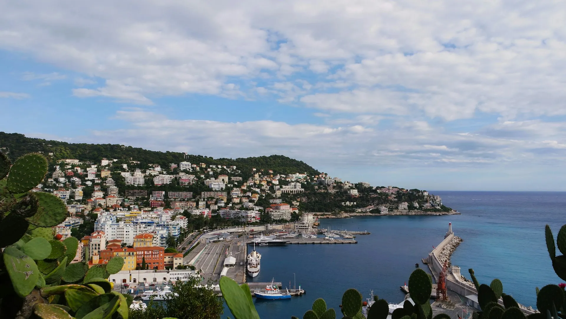 Aerial view of Nice harbour with the hillside, red-roofed old town, and Mediterranean coastline